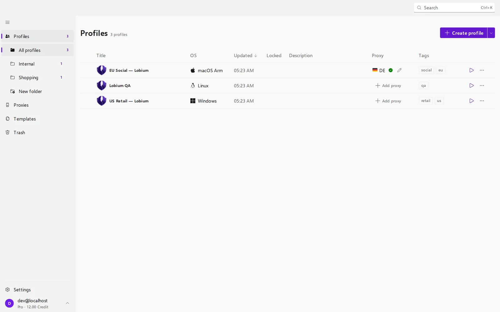 The Lobster Browser profile manager: a list of profiles with their OS, proxy and tags.