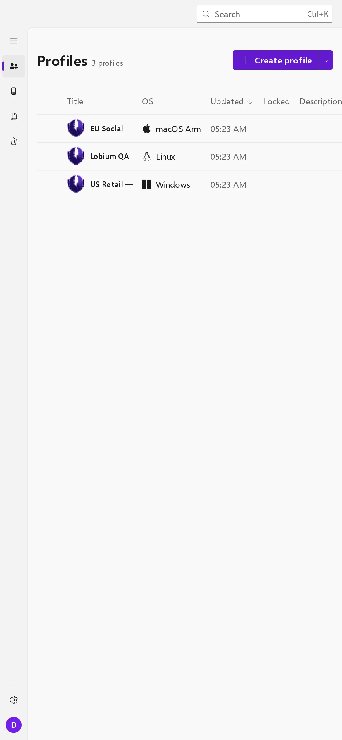 The same profile manager in a phone-sized window.